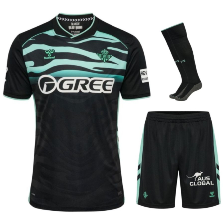 Set completo Real Betis 2025-2026 – Maglia Nera con Dettagli Verde Menta (Bambini)