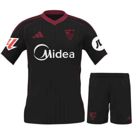 Completo Bambino Terza Maglia Sevilla FC 2025-2026 Nero con Dettagli Rossi