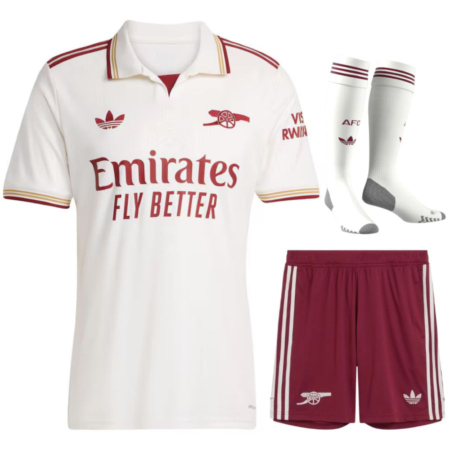 Maglia Terza Arsenal 2025-26 bambino – Bianco pulito, stemmi bordeaux e oro, tributo Art Déco a Highbury