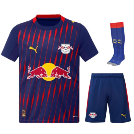 Kit Ufficiale Bambino RB Lipsia 2025/26 Trasferta – Eleganza Nera Con Dettagli Rossi