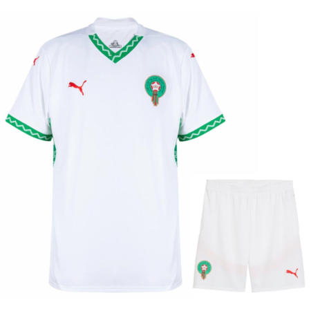 Kit completo bambino Marocco 2025‑2026 – Maglia trasferta bianca con dettagli rossi e verdi
