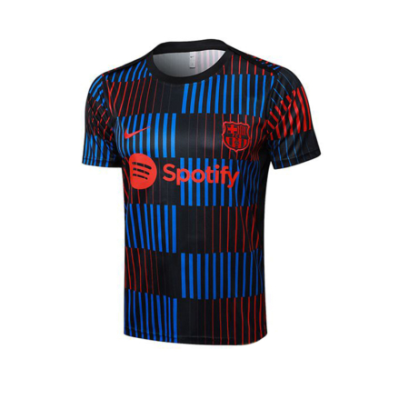 Maglia Pre-Match FC Barcelona 24/25 – Nero con Strisce Geometriche Rosso-Blu